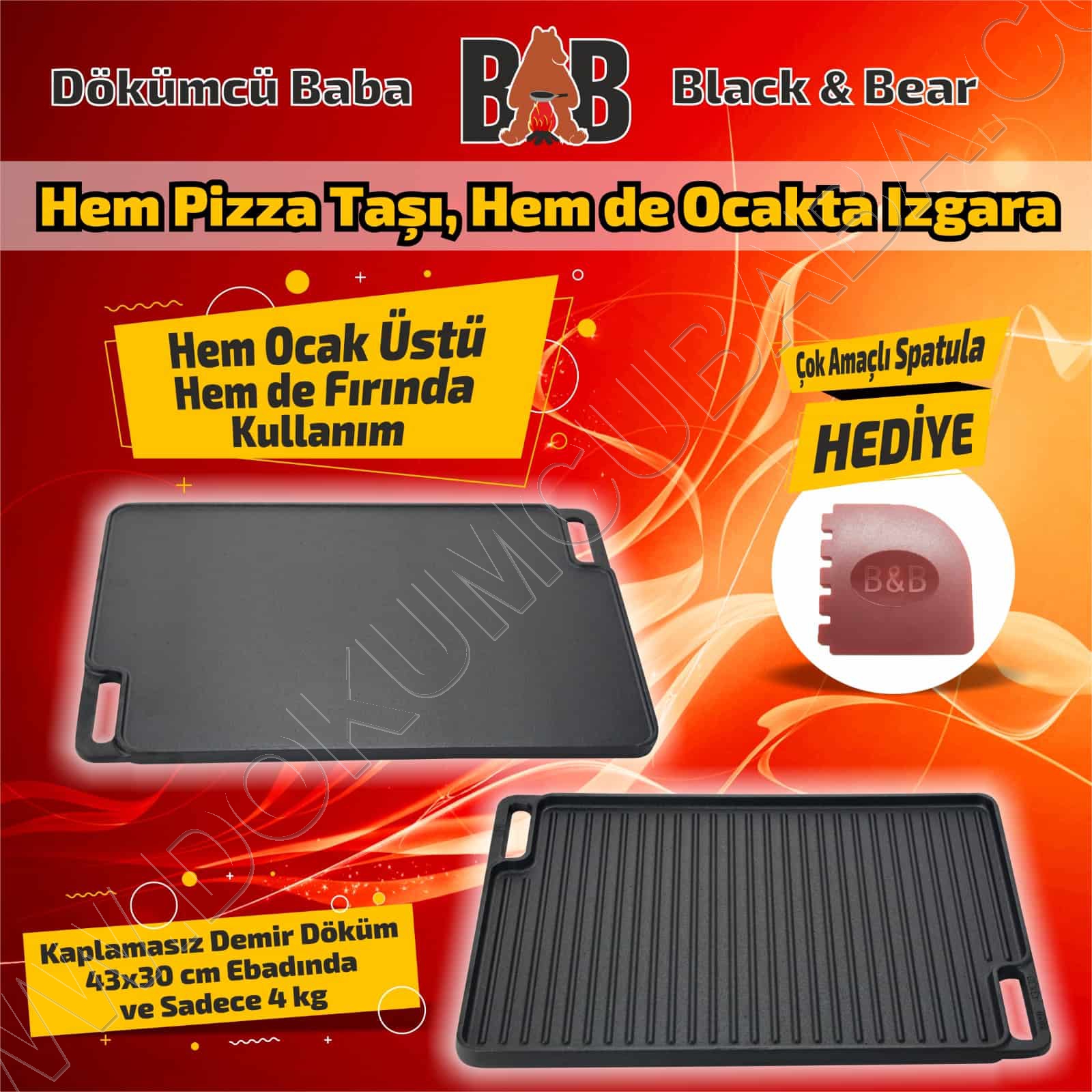 Kaplamasız döküm pizza taşı ve tepsi çift kullanım 43x30cm(STOK İÇİN ÜRÜN AÇIKLAMASINI OKUYUNUZ)